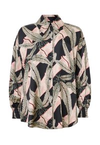 Camicia con bottoni in misto seta, caratterizzata da una base nera con un motivo astratto di foglie in verde e rosa. Maniche puff con polsini elastici.