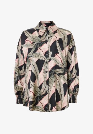 Hemd mit Knopfverschluss aus einer Seidenmischung, mit einem schwarzen Grund und einem abstrakten Blättermuster in Grün und Pink. Puffärmel mit elastischen Bündchen.