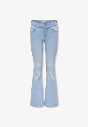 Lyseblå, høytlivs vide jeans med fremre lommer, beltehemper, knapp- og glidelåslukking, merket "ONLY" på innvendig linning.