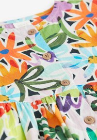 Multikleurige bloemenjurk van lichtgewicht stof, met een ronde halslijn, houten knopen, een gerimpelde zoom en levendige patronen.