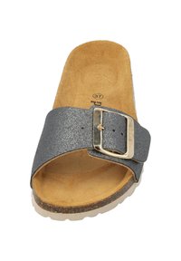 Gray, textured strap sandal with a metallic buckle, cork footbed, and white rubber sole. Size 37 indicated on the insole.
