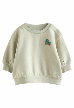 Lichtgroene pullover trui met ribgebreide cuffs en zoom. Heeft een kleine, getextureerde borduursel van een blauwe en oranje vrachtwagen op de voorkant.