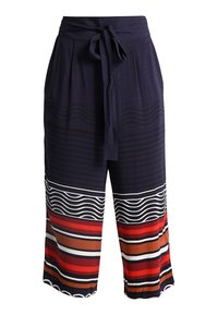 Navy culottebyxor med knytmidja, med vågiga och randiga mönster i röd, brun och vit över den nedre halvan.