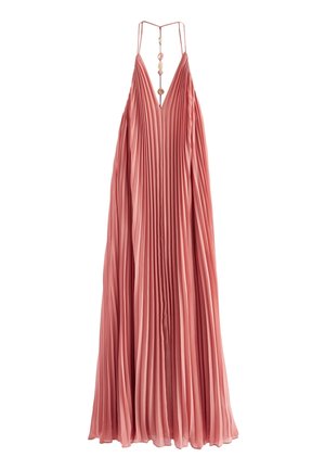 Long pleated sleeveless coral dress with deep V-neck and thin straps featuring decorative beads on back.