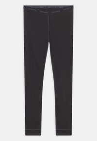 Svarta leggings i stretchigt material, med ett mjukt elastiskt midjeband med en logotyp, slät yta och utan synliga mönster eller dekorationer.