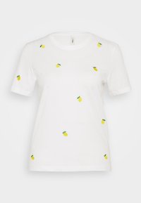 Bílý bavlněný tričko s krátkým rukávem, zdobené rozptýlenou výšivkou žlutých citronů se zelenými listy, kulatým výstřihem a volným střihem.