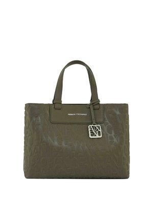Oliven grøn Armani Exchange tote taske med præget logomønster, dobbelte håndtag, front flap-lomme og sølvfarvet brandet vedhæng.