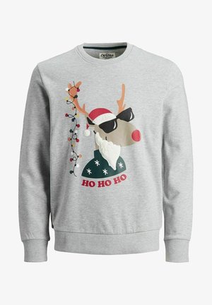 Szara bluza z kapturem z stylizowanym reniferem w okularach przeciwsłonecznych, czerwonym nosie, czapce świętego Mikołaja i zielonym swetrze z białymi płatkami śniegu oraz napisem "HO HO HO".