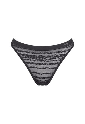 String noir en dentelle avec un motif rayé, ceinture élastique et panneaux transparents. Le matériau léger offre une texture douce et délicate.