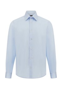 Camicia azzurra chiara a maniche lunghe con colletto a punta, tessuto morbido e sottile textura a coste. Presenta sei bottoni lungo la parte anteriore.