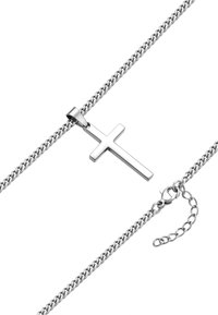 Sølv kæderekæde med en glat, poleret korsvedhæng. Inkluderer en lås og en forlængerkæde til justerbar længde.