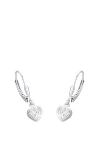 Orecchini a forma di cuore in argento con pietre trasparenti, dotati di chiusure a leva e finitura lucida.