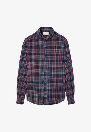 Camisa de cuadros en azul, rojo y blanco, de manga larga y con botones, exhibida plana sin arrugas ni pliegues visibles.