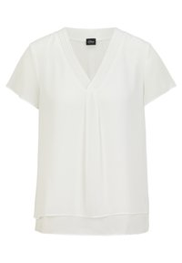 Blusa bianca a maniche corte con scollatura a V, caratterizzata da dettagli plissettati sul collo e un orlo posteriore leggermente più lungo per un fit rilassato.