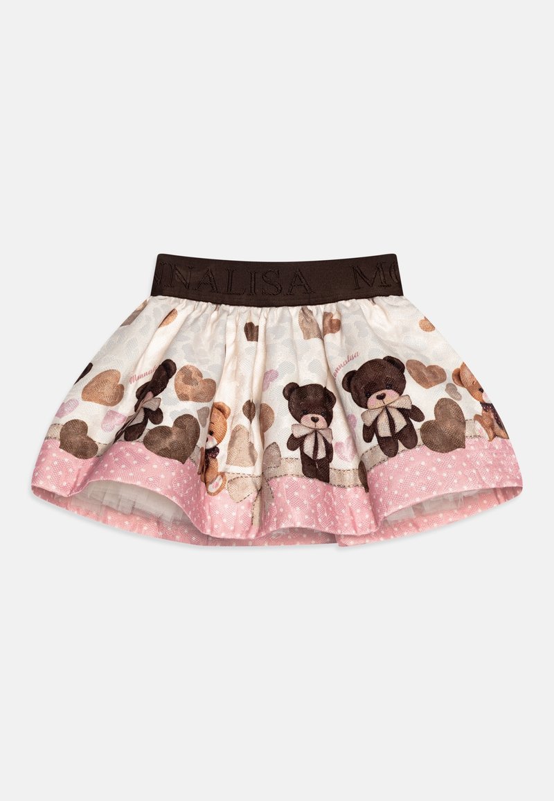 Jupe courte et superposée avec une taille élastique marron. Fabriquée en tissu léger, elle présente des motifs d'ours en peluche et de cœurs dans des teintes marron et rose.