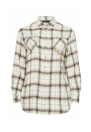 Pitkähihainen kermanvärinen ruutupainettu nappipaita, jossa on kaulus ja kaksi rintataskua, joissa on hienovaraista kukkaista kirjontaa ja paljettikoristeita.