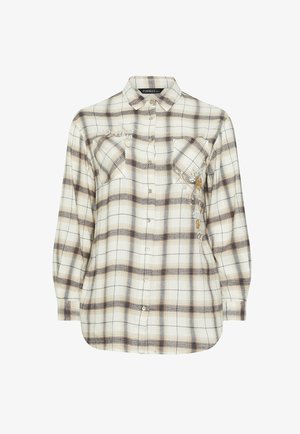 Crèmekleurig geruit overhemd met lange mouwen, knoopsluiting, kraag en twee borstzakken, voorzien van subtiele bloemrijke borduursels en paillettendetails.