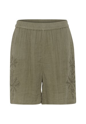 Olivgrüne Shorts aus einem strukturierten Stoff, ausgestattet mit einem elastischen Bund und aufwändiger Blumenstickerei an den Seiten.