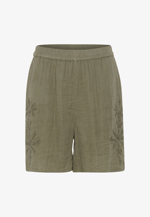 Olive krāsas šorti, izgatavoti no teksturēta auduma, ar elastīgu jostasvietu un sarežģītu ziedu izšuvumu sānos.