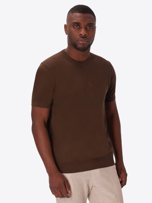 Uomo che indossa una maglia marrone a maniche corte e pantaloni beige chiaro, in piedi davanti a uno sfondo chiaro uniforme.