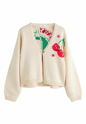 Cream knitted cardigan with a cropped design, featuring red cherries and green accents on the front. V-neckline and button closure.