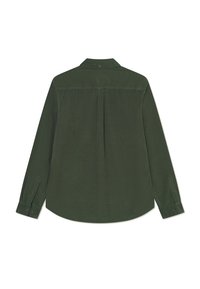 Dark green long-sleeve shirt with a button-down collar, front pleat, and buttoned cuffs. Smooth fabric with a slightly relaxed fit.
