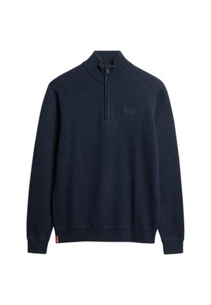 Marineblauwe half-zip pullover trui gemaakt van zacht gebreid materiaal. Heeft een hoge kraag, ribgebreide manchet en een klein logo op de borst.