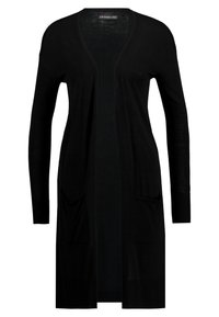 Svart lång cardigan i lätt material, med draperad framsida, långa ärmar, två framfickor och ribbad nederkant.