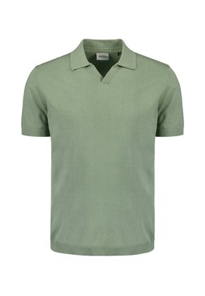 Korte mouw polo in zachte, lichtgroene katoen met een V-hals, ribbelkraag en zoom. Glad textuur, eenvoudig ontwerp, minimale details.