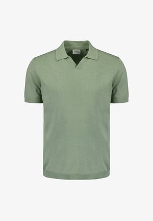 Korte mouw polo in zachte, lichtgroene katoen met een V-hals, ribbelkraag en zoom. Glad textuur, eenvoudig ontwerp, minimale details.