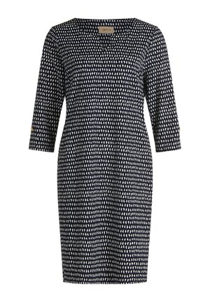Granatowa sukienka z rękawami do połowy przedramienia, ozdobiona białym abstrakcyjnym wzorem. Posiada dekolt w kształcie litery V i sięga do kolan. Miękka tekstura tkaniny.