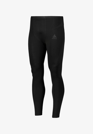 Black athletic leggings with a fitted design, crafted from stretchy fabric, featuring distinct seam lines and a small logo on the waistband.