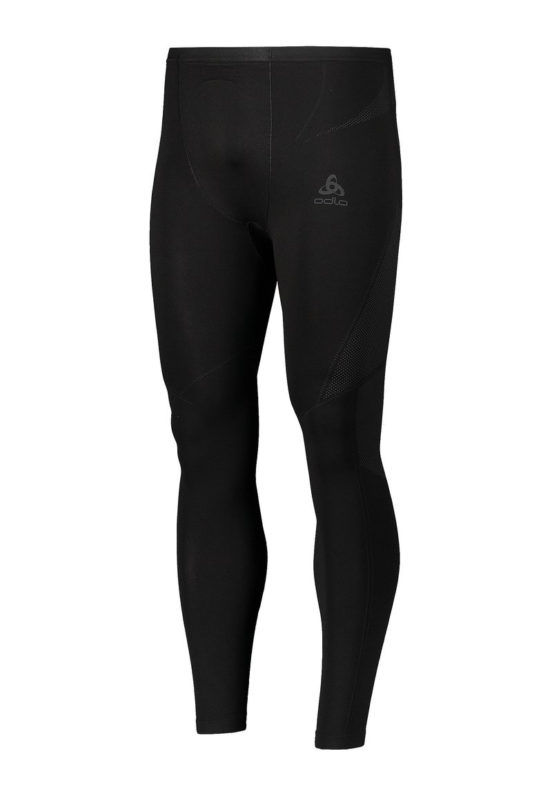 Leggings sportivi neri con un design aderente, realizzati in tessuto elasticizzato, caratterizzati da linee di cucitura distintive e un piccolo logo sulla cintura.