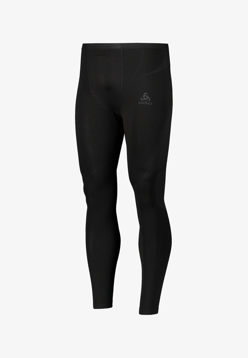 Leggings sportivi neri con un design aderente, realizzati in tessuto elasticizzato, caratterizzati da linee di cucitura distintive e un piccolo logo sulla cintura.