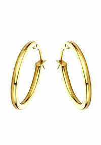 Goldene Creolen mit einer glatten, glänzenden Oberfläche. Rundes Design, mit Scharnierverschluss und gleichbleibender Breite im gesamten Design.