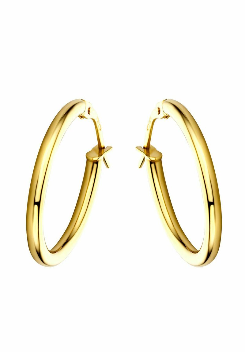 Goldene Creolen mit einer glatten, glänzenden Oberfläche. Rundes Design, mit Scharnierverschluss und gleichbleibender Breite im gesamten Design.