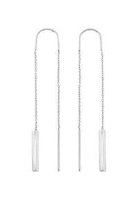 Sömlösa silverhängande örhängen med avlånga, cylindriska stänger med en polerad yta. Kedjor sträcker sig från böjda, krokformade kopplingar.