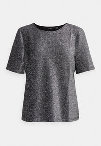 Zwarte top met korte mouwen en een shimmer textuur, met een ronde halslijn en een gelijkmatige, iets losse pasvorm.