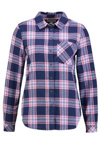 Plaid button-up shirt in navy, pink, and light blue. Features a classic collar, long sleeves, and a chest pocket with a diagonal design.