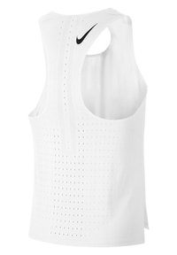 Tirante atlético blanco con diseño sin mangas, que cuenta con agujeros de ventilación, un dobladillo redondeado y un pequeño logo negro de Nike en la parte posterior.