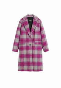 Cappotto lungo a scacchi rosa e grigio in misto lana, con rever a punta, chiusura con un bottone e due tasche frontali.