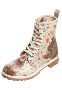 Beige lace-up boot featuring illustrated animals and autumn leaves, with a rubber sole, rounded toe, and textured surface.