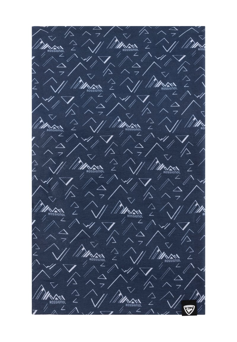 Granatowa tkanina z białymi geometrycznymi wzorami gór i trójkątów, z czarną metką logo w dolnym prawym rogu. Lekka i teksturowana.