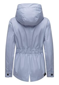 Light blue waterproof jacket with a drawstring waist, a large hood, and buttoned cuffs. Features a smooth texture and slightly tapered design.
