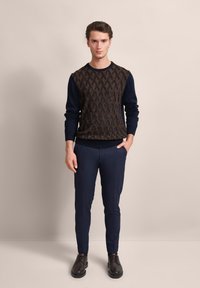 Braun gemusterter Pullover mit marineblauen Ärmeln, kombiniert mit marineblauen Hosen und dunklen Schuhen. Das Modell steht vor einem hellen neutralen Hintergrund.