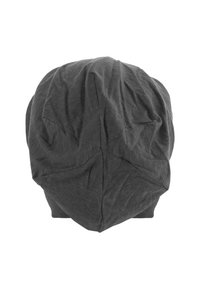 Gray cotton beanie with a slouchy design, featuring a wrinkled texture and seam details radiating from the center crown.