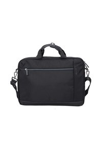 Schwarze Laptop-Tasche aus strapazierfähigem synthetischen Material. Verfügt über zwei obere Griffe, einen verstellbaren Schultergurt und eine vordere Reißverschlusstasche.