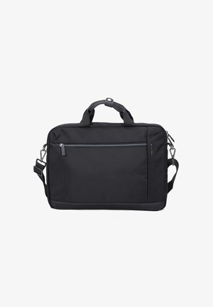Schwarze Laptop-Tasche aus strapazierfähigem synthetischen Material. Verfügt über zwei obere Griffe, einen verstellbaren Schultergurt und eine vordere Reißverschlusstasche.