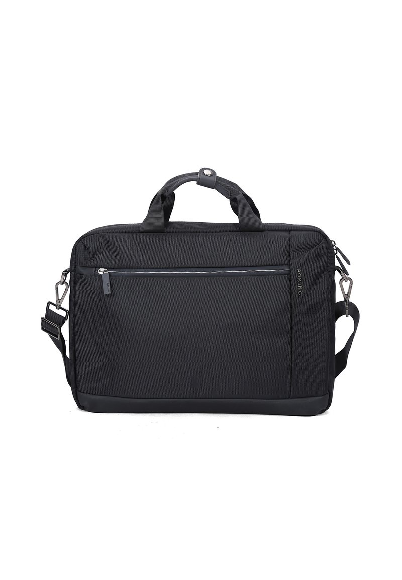 Schwarze Laptop-Tasche aus strapazierfähigem synthetischen Material. Verfügt über zwei obere Griffe, einen verstellbaren Schultergurt und eine vordere Reißverschlusstasche.