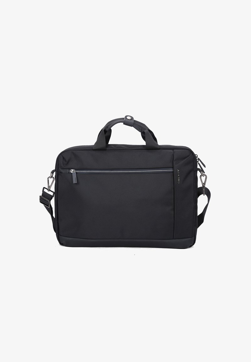 Schwarze Laptop-Tasche aus strapazierfähigem synthetischen Material. Verfügt über zwei obere Griffe, einen verstellbaren Schultergurt und eine vordere Reißverschlusstasche.